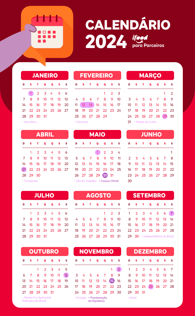 Feriados 2024 calendário completo com as folgas do ano