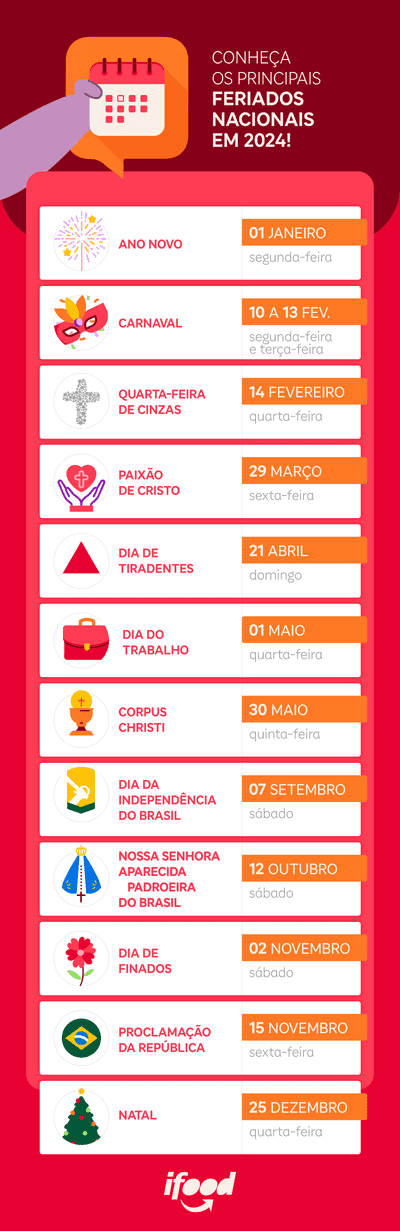 Calendário 2024: feriados, comemorações e mais