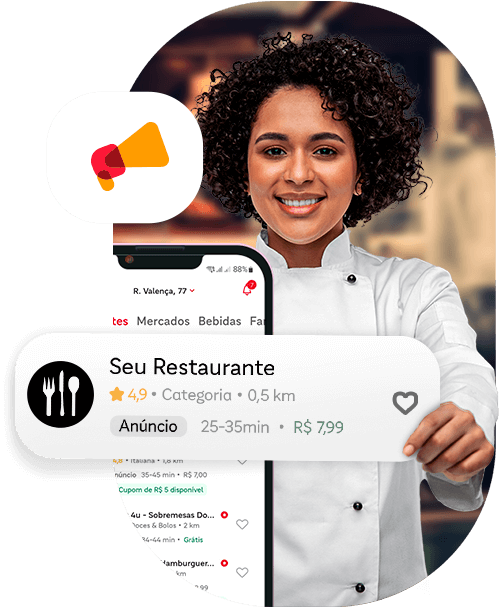 Mulher de fundo segurando anúncio no iFood escrito "Seu Restaurante"