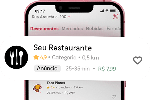 Imagem de celular com anúncio no iFood escrito "Seu Restaurante" e informações do restaurante