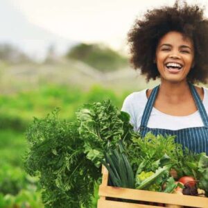 alimentos sem agrotóxico: pessoa no campo com cesta cheia de verduras e legumes